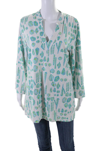 Lily Pulitzer Womens V-neck Long Sleeve Graphic Print Blouse White Size L