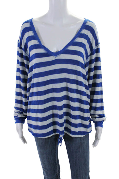 Young Fabulous & Broke Womens Long Sleeve V-neck Stripped Blouse Blue Size M