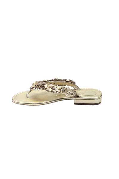 Chanel Womens Leather Metallic Floral Trim Flip Flops Gold Size 7