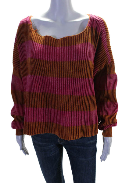 Free People Womens Cotton Striped Ribbed Pullover Sweater Top Orange Size M