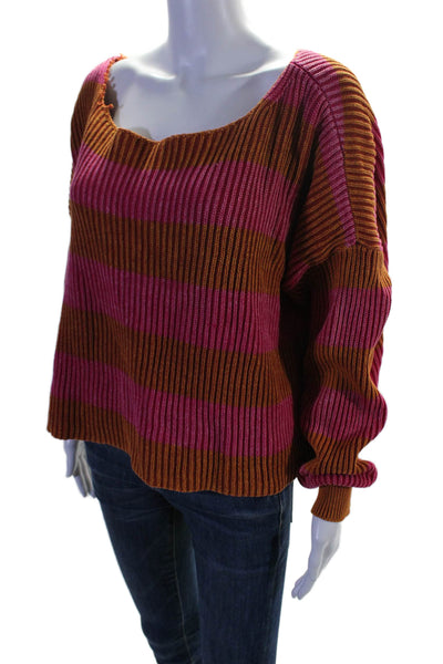 Free People Womens Cotton Striped Ribbed Pullover Sweater Top Orange Size M