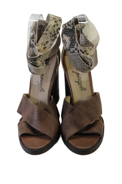 Free People Womens Leather Animal Print Ankle Strap Sandals Brown Size 39 9