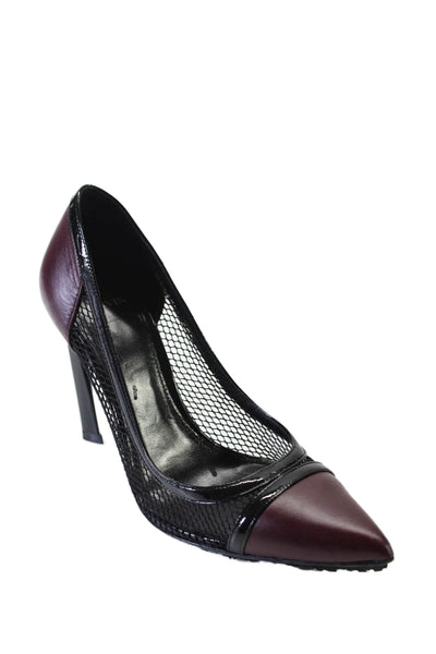 Lanvin Womens Dark Red Leather Black Mesh Trim Pointed Toe Pumps Shoes Size 6