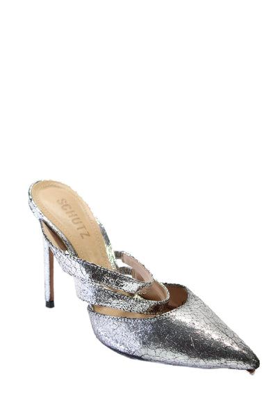 Schutz Womens Cracked Pointed Toe Slide On Mules Pumps Silver Black Size 5.5 B