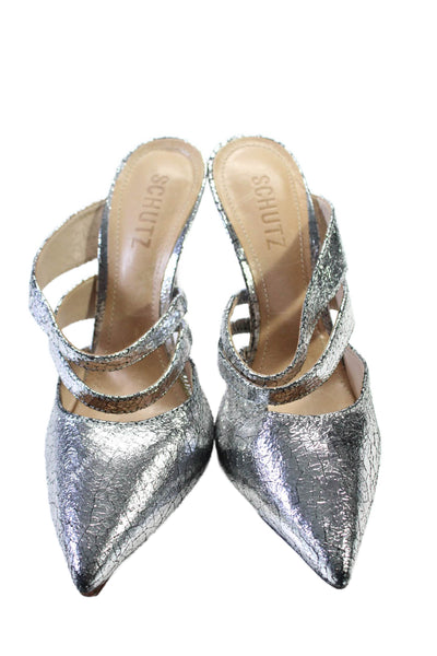 Schutz Womens Cracked Pointed Toe Slide On Mules Pumps Silver Black Size 5.5 B