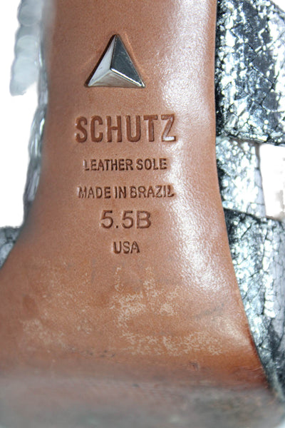 Schutz Womens Cracked Pointed Toe Slide On Mules Pumps Silver Black Size 5.5 B