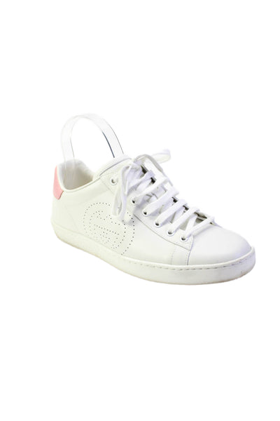 Gucci Womens White Pink Leather Low Top Lace Up Sneakers Shoes Size 8.5