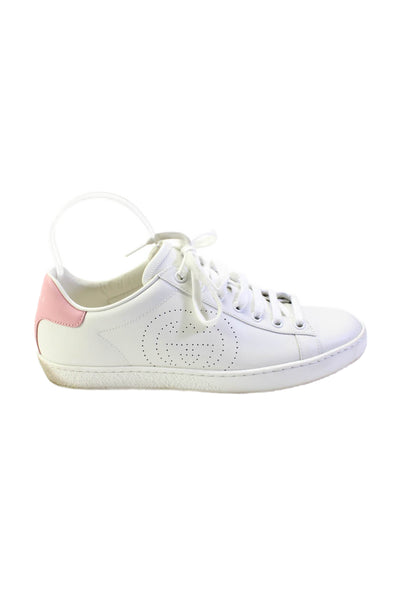 Gucci Womens White Pink Leather Low Top Lace Up Sneakers Shoes Size 8.5