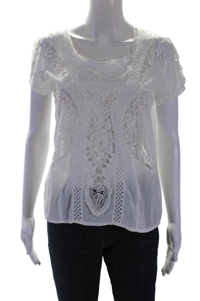 Bonheur Womens Short Sleeve Scoop Neck Lace Trim Shirt White Cotton Size Small