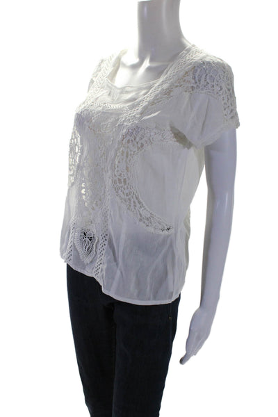 Bonheur Womens Short Sleeve Scoop Neck Lace Trim Shirt White Cotton Size Small