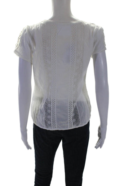 Bonheur Womens Short Sleeve Scoop Neck Lace Trim Shirt White Cotton Size Small