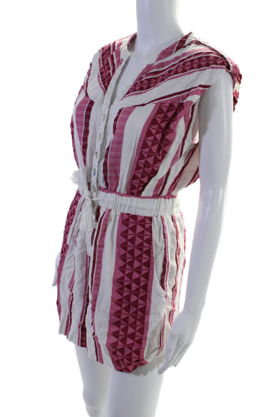 Elan Women's Round Neck Sleeveless Cinch Waist Tassel Romper Pink White Size S