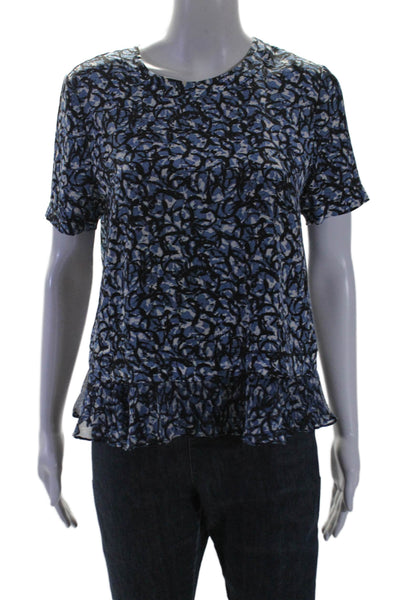 Elizabeth and James Womens Silk Abstract Print Short Sleeve Blouse Blue Size S