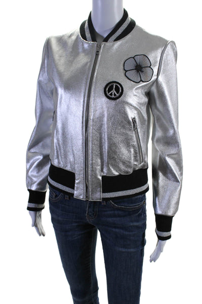 Intuition Paris Womens Leather Full Zipper Bomber Jacket Silver Size EUR 36