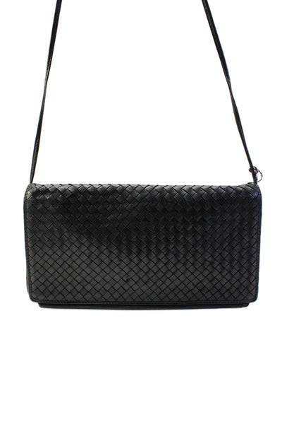 Charles Jourdan Paris Womens Black Vegan Leather Woven Flap Crossbody Handbag