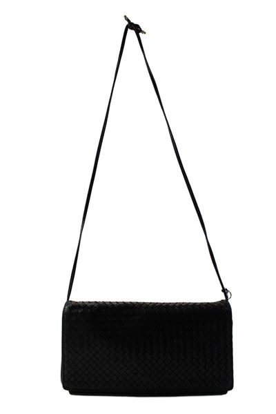 Charles Jourdan Paris Womens Black Vegan Leather Woven Flap Crossbody Handbag