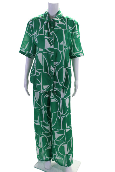 Seven Wonders Womens Collar Short Sleeve Graphic Print Blouse Pants Set Green Si