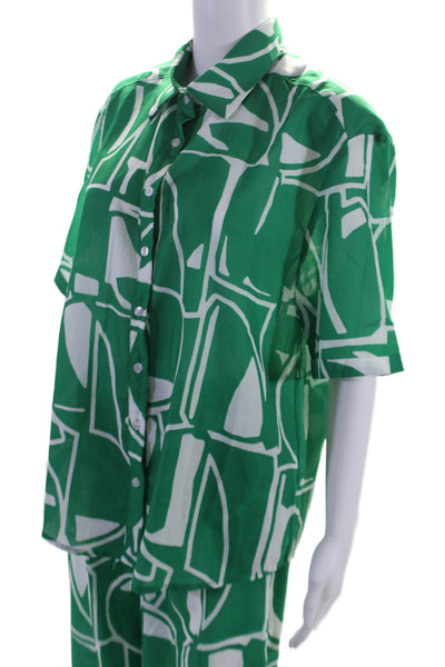 Seven Wonders Womens Collar Short Sleeve Graphic Print Blouse Pants Set Green Si