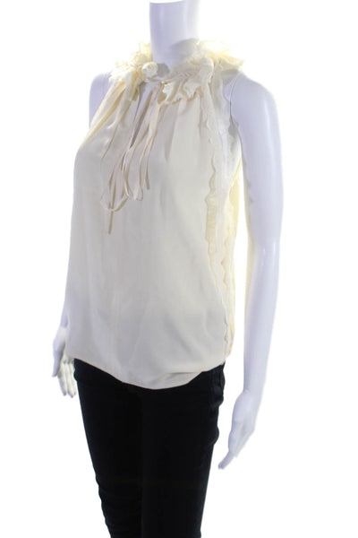 Robert Rodriguez Womens Silk Beige Lace Ruffle Tie V-Neck Blouse Top Size 0