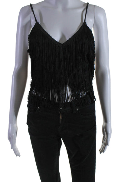 Norma Kamali Womens V Neck Fringe Crop Top Black Size XS