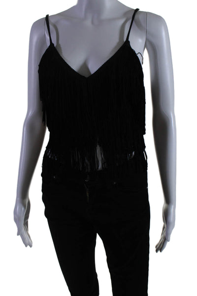 Norma Kamali Womens V Neck Fringe Crop Top Black Size XS