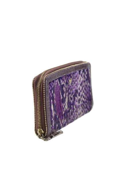 DVF Womens Leather Trim Snakeskin Print Zip Around Silver Tone Wallet Purple