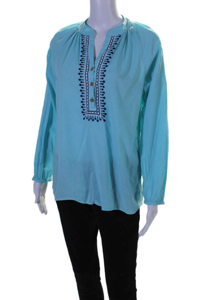 Lilly Pulitzer Women's Round Neck Long Sleeves Embroidered Blouse Blue Size S