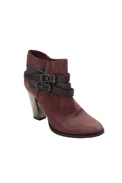 Jimmy Choo Womens Suede Textured Lined Buckle Heeled Booties Burgundy Size EUR 4