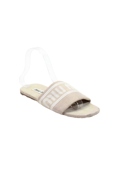 Miu Miu Womens Textured One Strap Slide On Flat Sandals Beige Size EUR 38