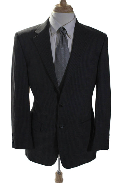 Hickey Freeman Mens Black Wool Pinstriped Two Button Long Sleeve Blazer Size 38R