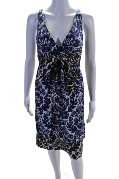 Trina Turk Womens Cotton Floral Belted V-Neck Sleeveless Dress Blue Size 8