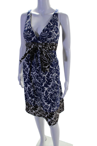 Trina Turk Womens Cotton Floral Belted V-Neck Sleeveless Dress Blue Size 8