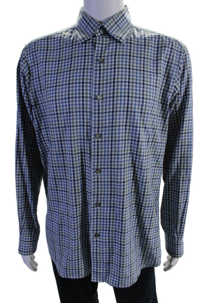 Ermenegildo Zegna Mens Blue Green Plaid Collar Long Sleeve Dress Shirt Size L