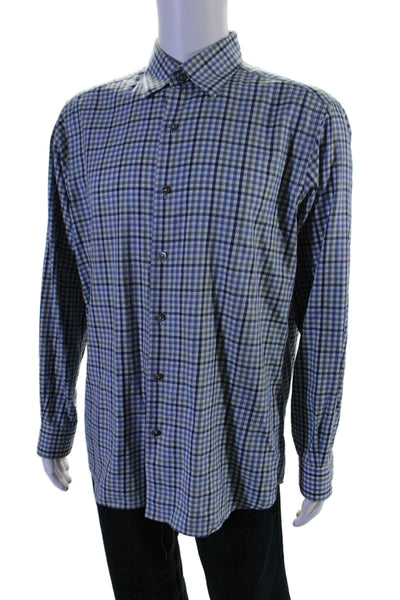 Ermenegildo Zegna Mens Blue Green Plaid Collar Long Sleeve Dress Shirt Size L