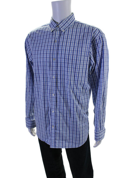 J. Mclaughlin Mens Two Tone Blue Plaid Collar Long Sleeve Dress Shirt Size L