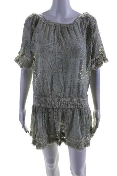 Sunday Tropez Womens Off Shoulder Eyelet Fringe Cover Up Dress Green One Size