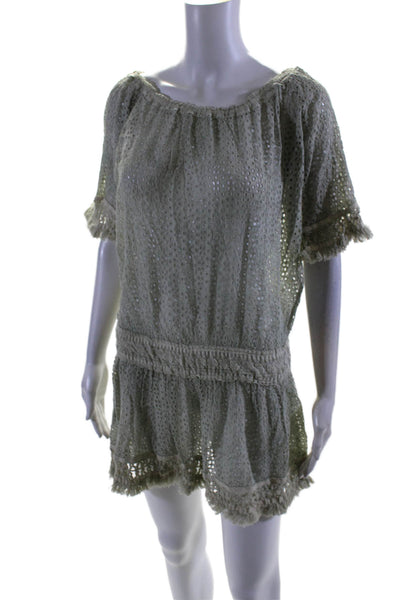 Sunday Tropez Womens Off Shoulder Eyelet Fringe Cover Up Dress Green One Size