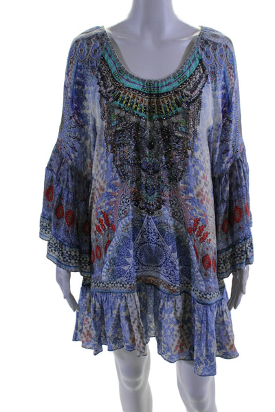 Camilla Womens Long Sleeve Scoop Neck Printed Rhinestone Silk Dress Blue Size 1