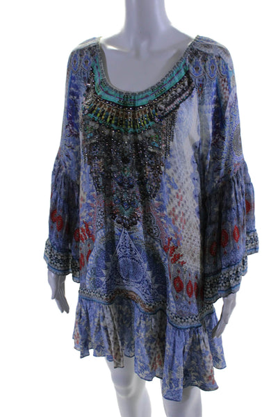 Camilla Womens Long Sleeve Scoop Neck Printed Rhinestone Silk Dress Blue Size 1