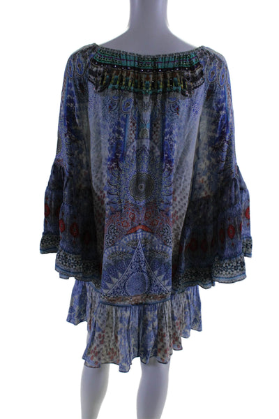 Camilla Womens Long Sleeve Scoop Neck Printed Rhinestone Silk Dress Blue Size 1