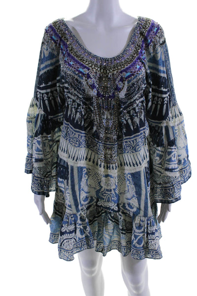 Camilla Womens 3/4 Sleeve Rhinestone Printed Silk Mini Dress Blue White Size XS