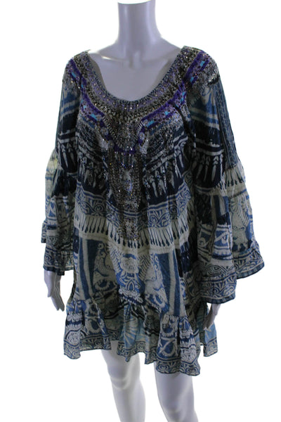 Camilla Womens 3/4 Sleeve Rhinestone Printed Silk Mini Dress Blue White Size XS