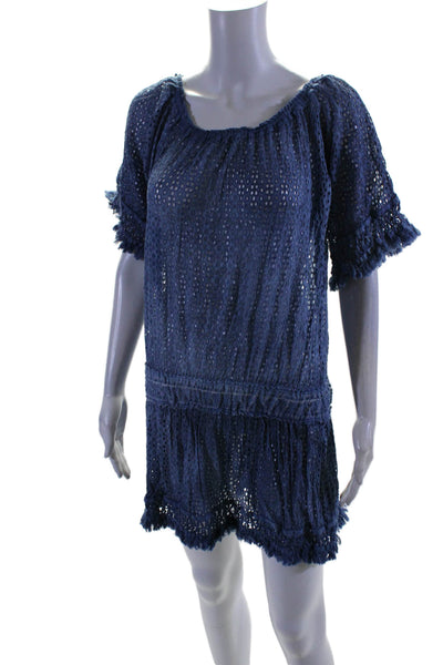 Sunday Tropez Womens 3/4 Sleeve Off Shoulder Eyelet Cover Up Dress Blue One Size