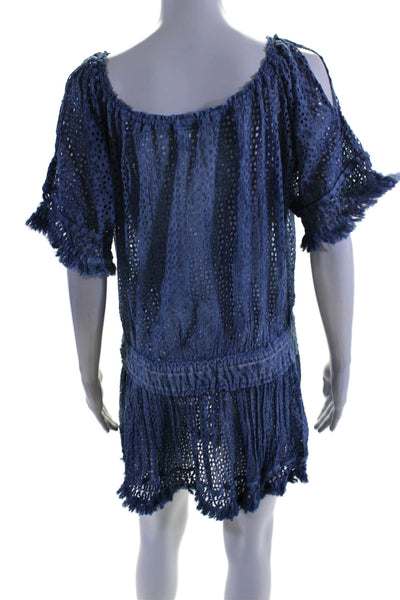 Sunday Tropez Womens 3/4 Sleeve Off Shoulder Eyelet Cover Up Dress Blue One Size