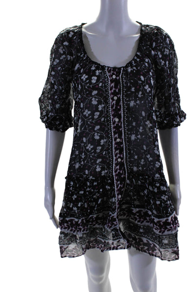 Poupette St. Barth Womens 3/4 Sleeve Scoop Neck Floral Mini Dress Black Small