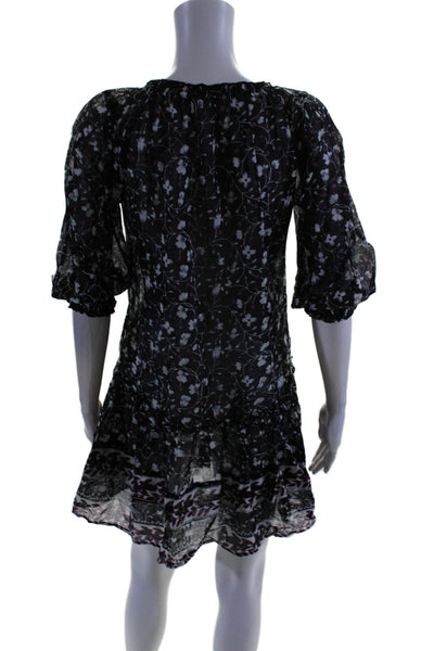 Poupette St. Barth Womens 3/4 Sleeve Scoop Neck Floral Mini Dress Black Small