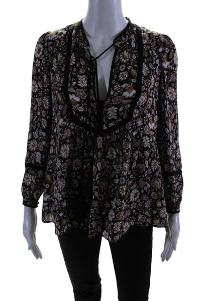 A.L.C. Womens Silk Black Brown Floral V-Neck Long Sleeve Blouse Top Size 0