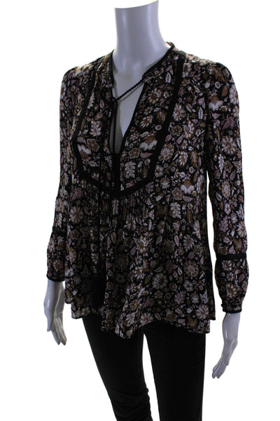 A.L.C. Womens Silk Black Brown Floral V-Neck Long Sleeve Blouse Top Size 0