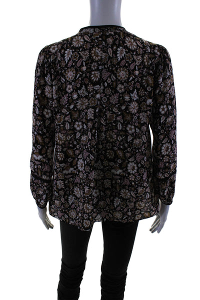 A.L.C. Womens Silk Black Brown Floral V-Neck Long Sleeve Blouse Top Size 0