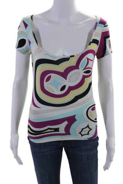 Emilio Pucci Womens Short Sleeve Scoop Neck Abstract Shirt White Multi Small